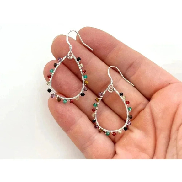 Sterling Silver Rainbow Quartz Gemstone Lined Teardrop Vintage Hoop Earrings - Picture 6 of 9